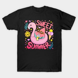 Sweet Summer a fun and colourful Summer time design a cute watermelon wearing sunglasses on a flamingo floaty T-Shirt